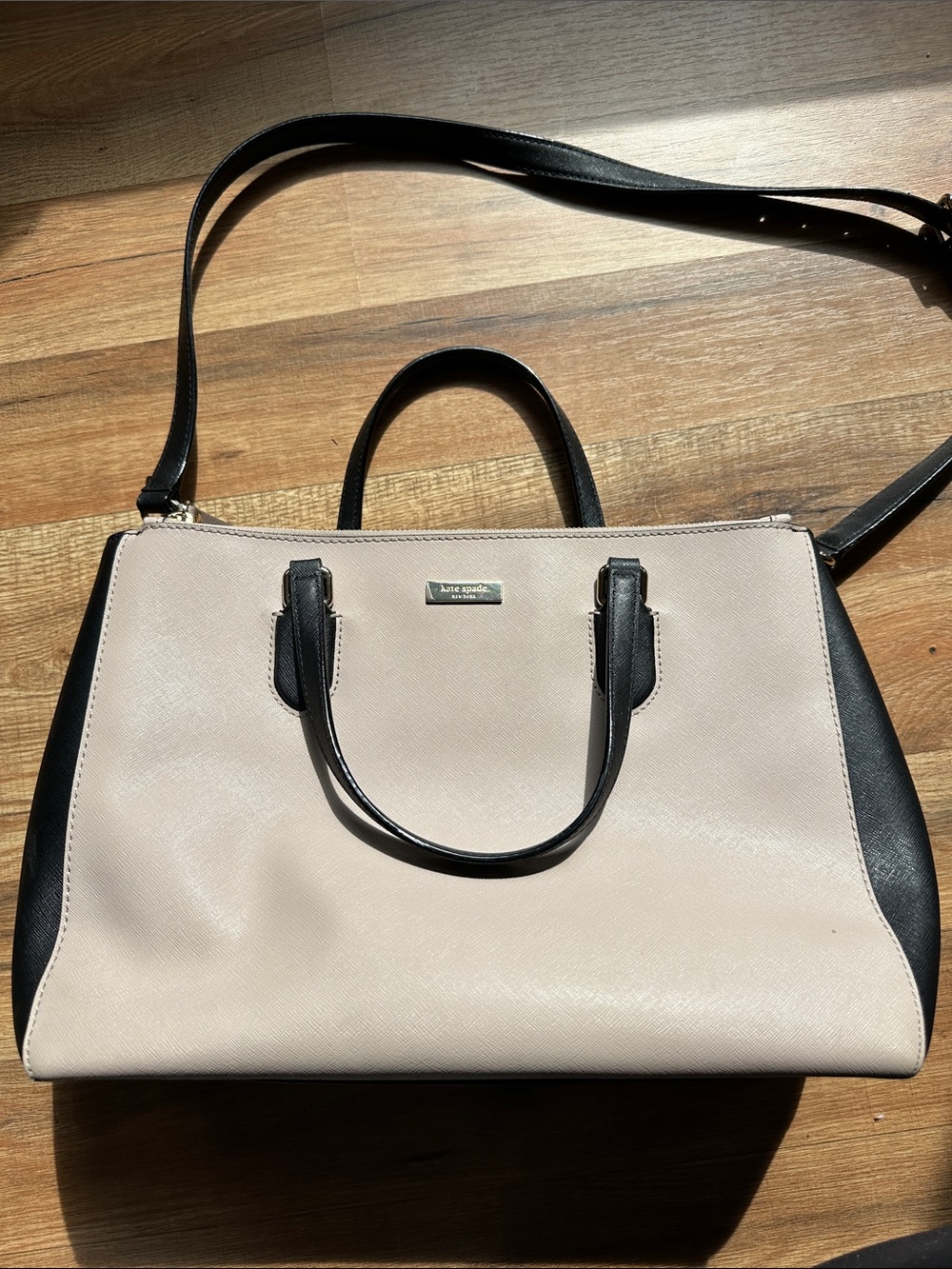 Kate Spade Leighann Saffiano Leather Satchel Almond Black